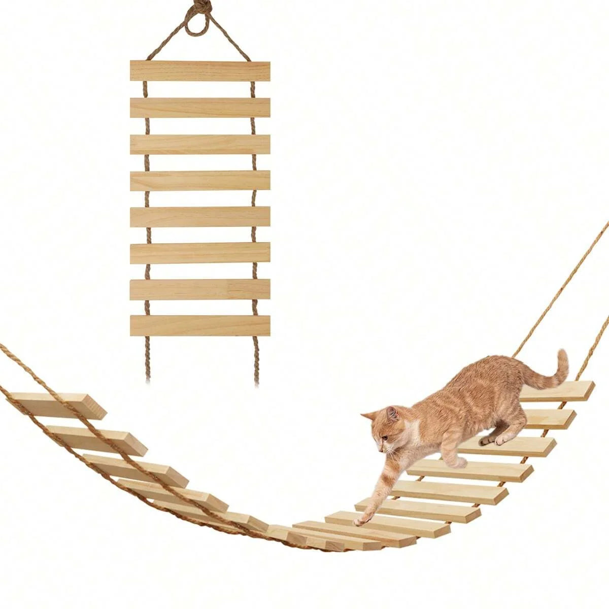 Natural Wood Cat Climbing Ladder Bridge – Wall Mounted Cat Tree Furniture for Playful Kittens & Indoor Cats