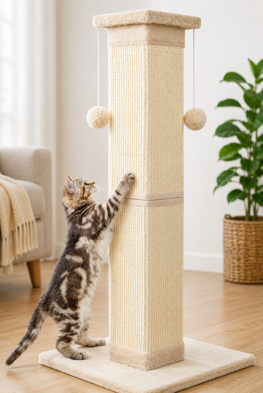 Natural Sisal Cat Scratching Pole 33 Inch – Strong Indoor Cat Scratcher for Large Cats & Furniture Protection