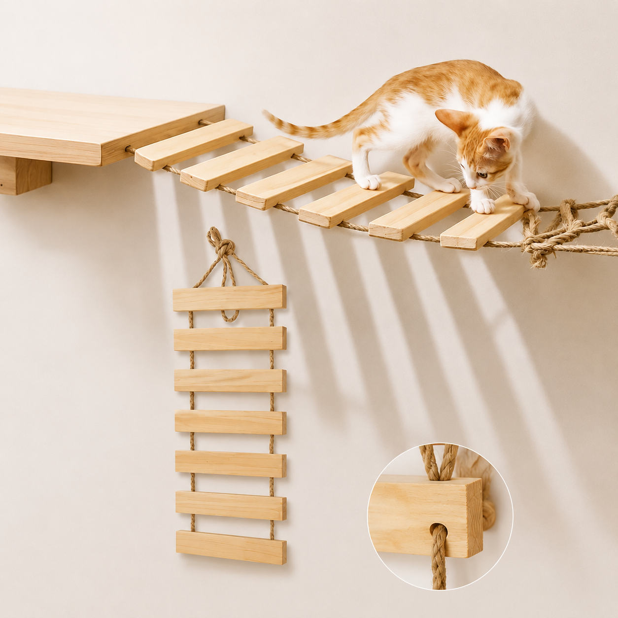 Natural Wood Cat Climbing Ladder Bridge – Wall Mounted Cat Tree Furniture for Playful Kittens & Indoor Cats