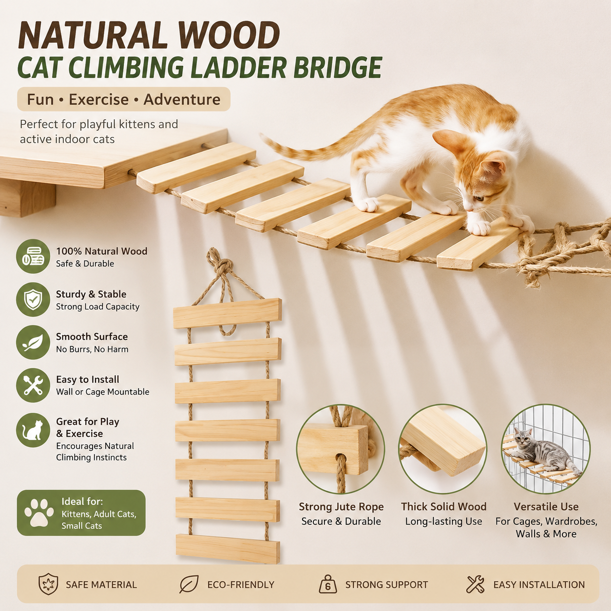 Natural Wood Cat Climbing Ladder Bridge – Wall Mounted Cat Tree Furniture for Playful Kittens & Indoor Cats