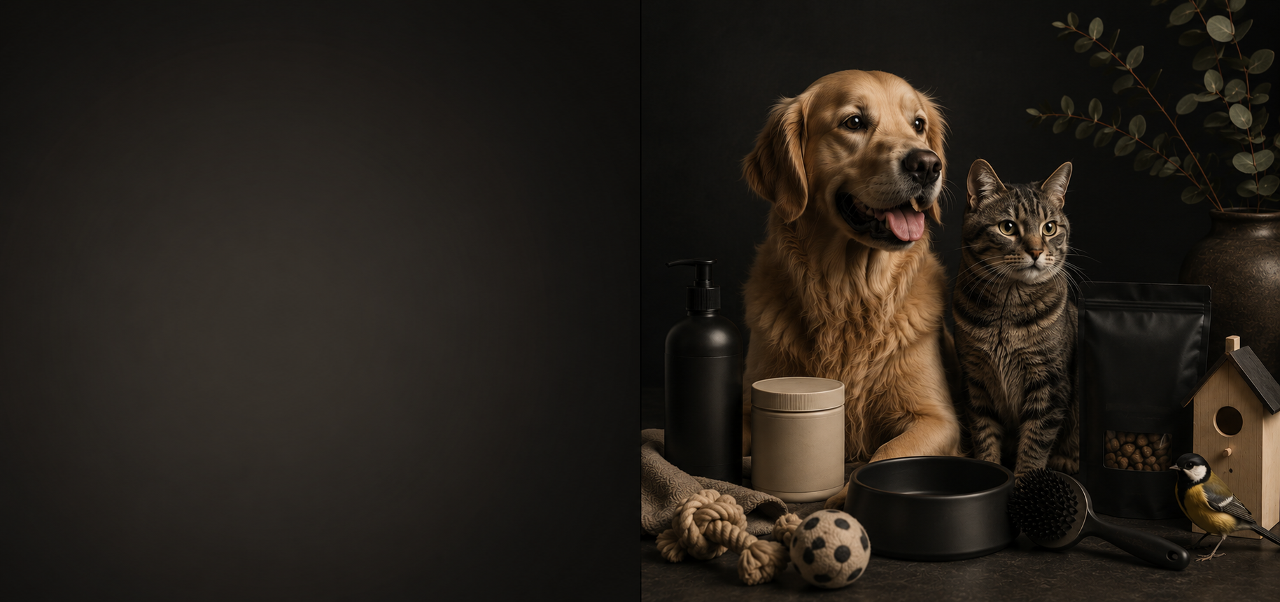 Dog and cat sitting together with pet care products on a dark background