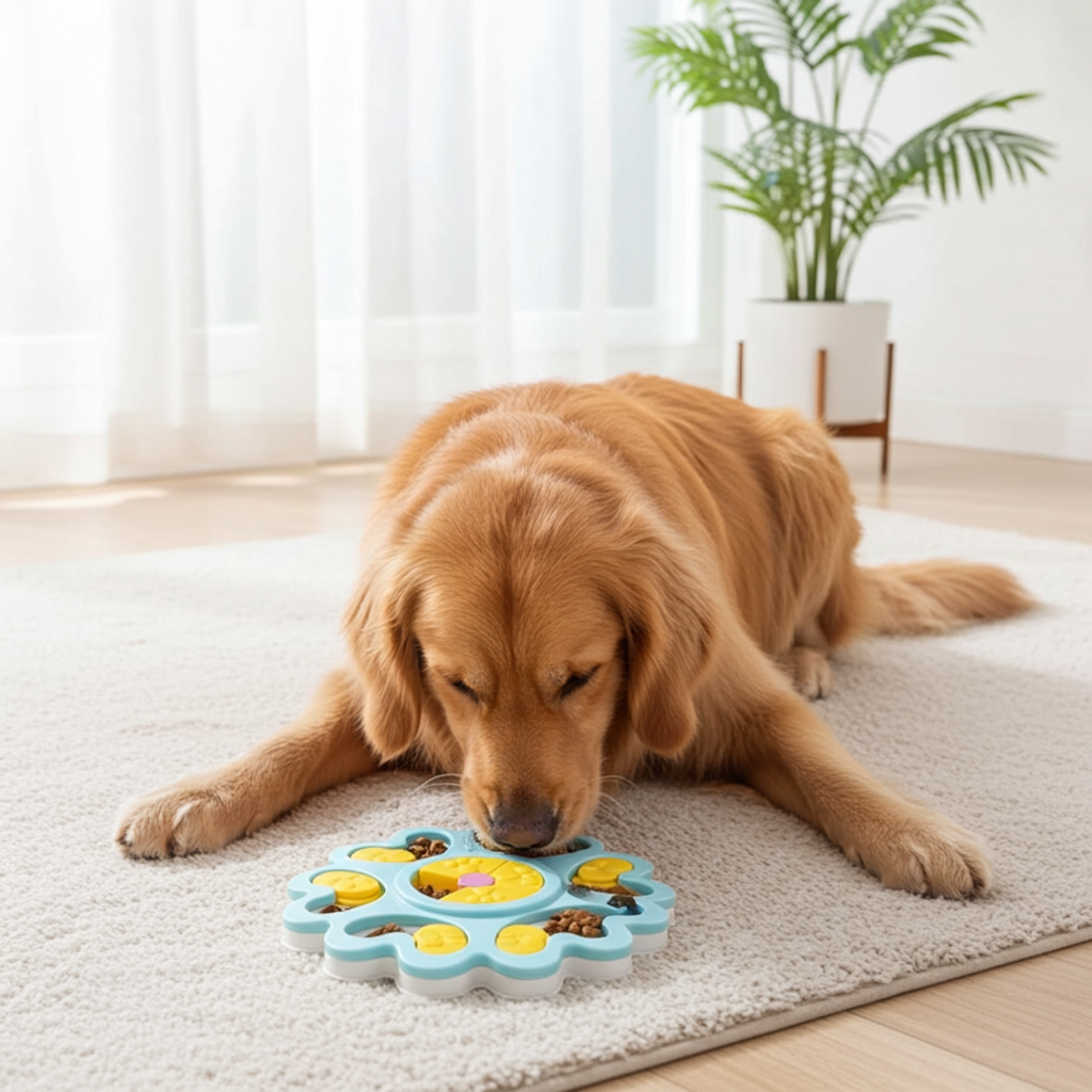 Dog playing with a puzzle toy on a rug in a bright room.