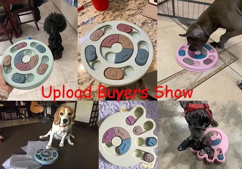 Collage of dogs interacting with different puzzle toys on various surfaces.