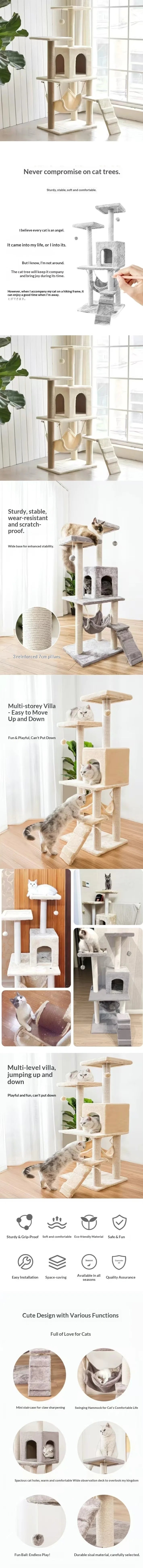 Multi-Level Cat Condo Tree for Large Cats – Plush Cat Tower with Hammock, Scratching Posts, Toys & Cat House Furniture