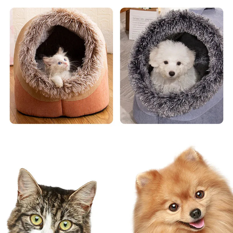Soft Enclosed Pet House for Cats & Small Dogs – Warm Plush Cave Bed for Indoor Pets