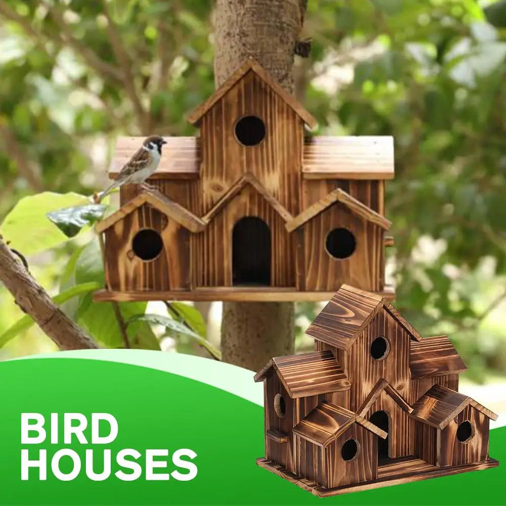 Outdoor 5-Hole Wooden Bird House for Bluebirds & Finches – Hanging Birdhouse for Garden & Backyard