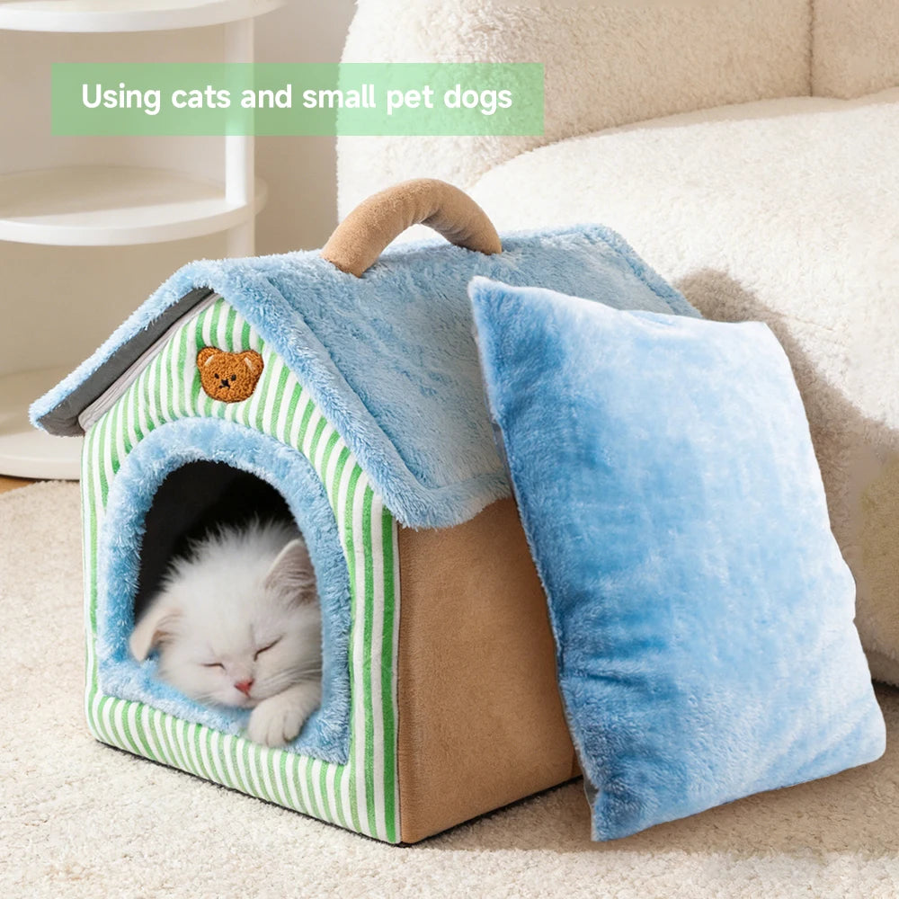 Portable Pet Cave Bed for Cats & Puppies – Cozy Foldable Sofa House with Removable Cushion
