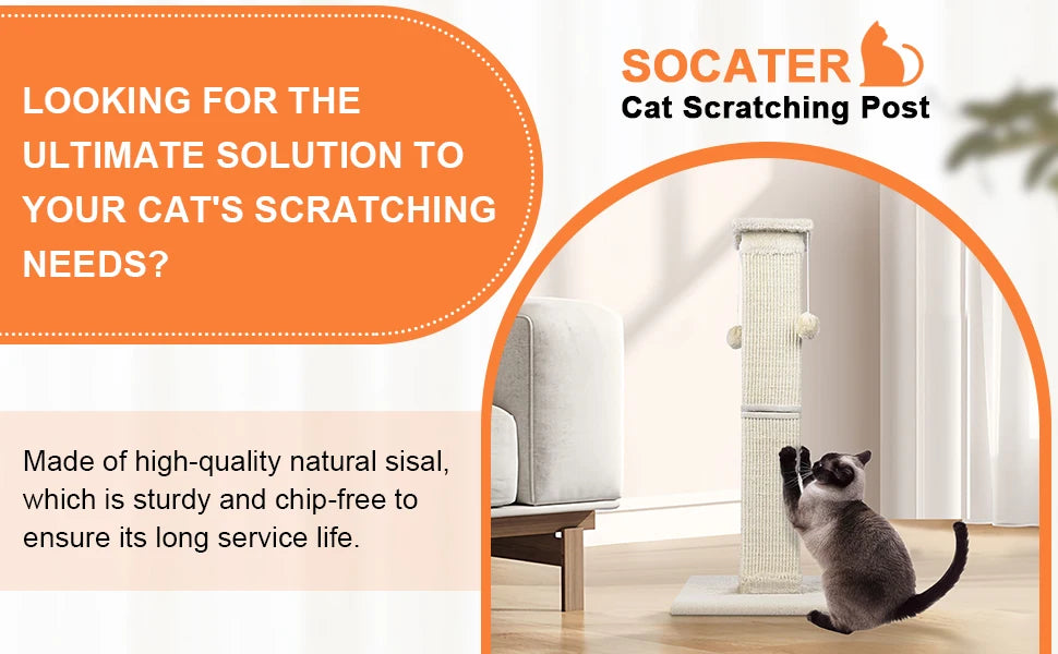 Natural Sisal Cat Scratching Pole 33 Inch – Strong Indoor Cat Scratcher for Large Cats & Furniture Protection