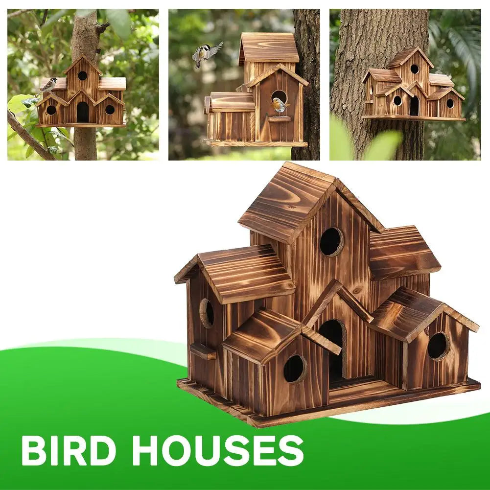 Outdoor 5-Hole Wooden Bird House for Bluebirds & Finches – Hanging Birdhouse for Garden & Backyard