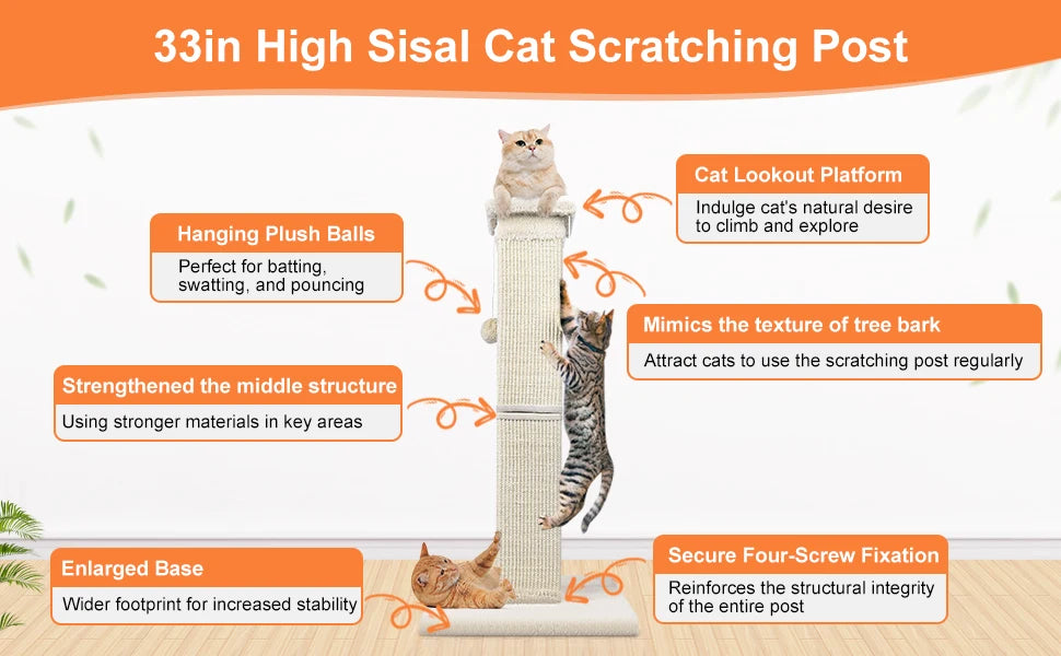 Natural Sisal Cat Scratching Pole 33 Inch – Strong Indoor Cat Scratcher for Large Cats & Furniture Protection