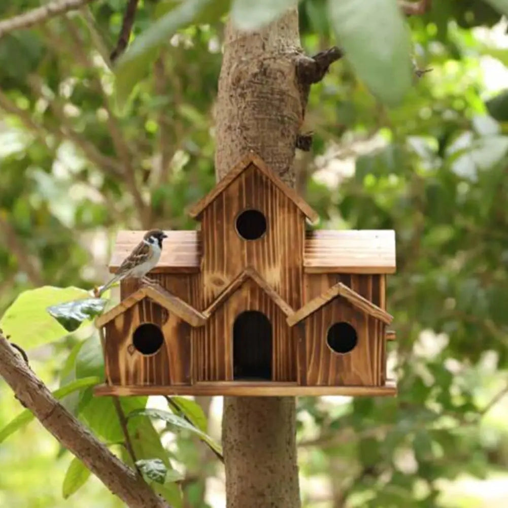 Outdoor 5-Hole Wooden Bird House for Bluebirds & Finches – Hanging Birdhouse for Garden & Backyard