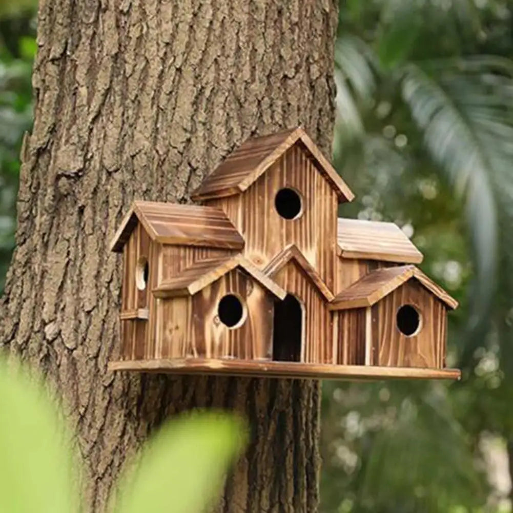 Outdoor 5-Hole Wooden Bird House for Bluebirds & Finches – Hanging Birdhouse for Garden & Backyard