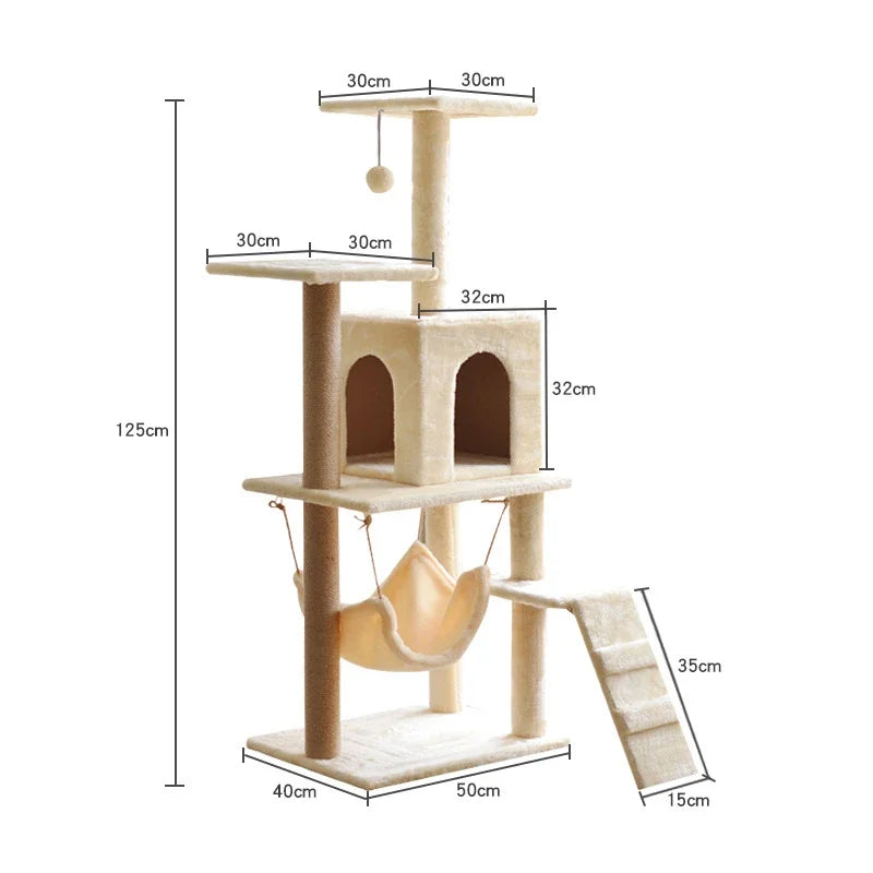 Multi-Level Cat Condo Tree for Large Cats – Plush Cat Tower with Hammock, Scratching Posts, Toys & Cat House Furniture