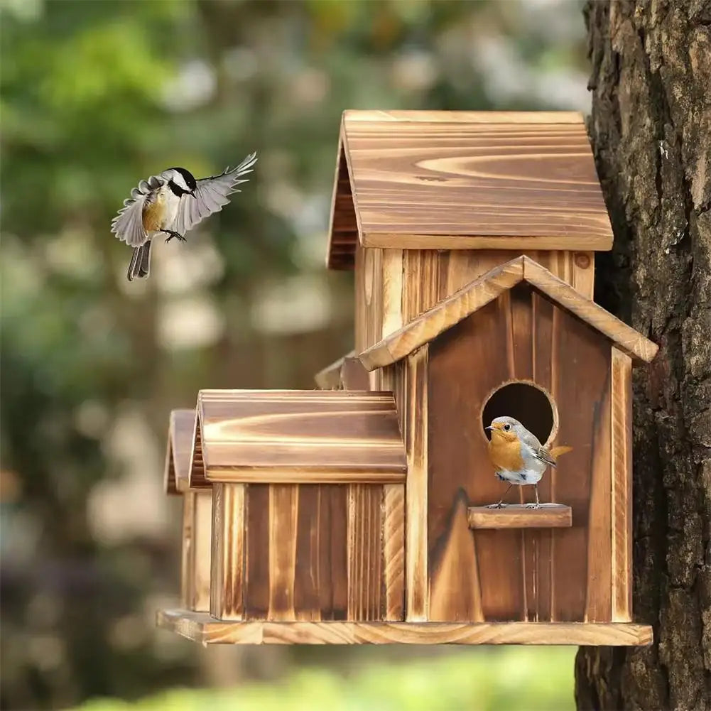 Outdoor 5-Hole Wooden Bird House for Bluebirds & Finches – Hanging Birdhouse for Garden & Backyard