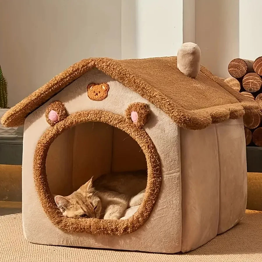 Portable Pet Cave Bed for Cats & Puppies – Cozy Foldable Sofa House with Removable Cushion