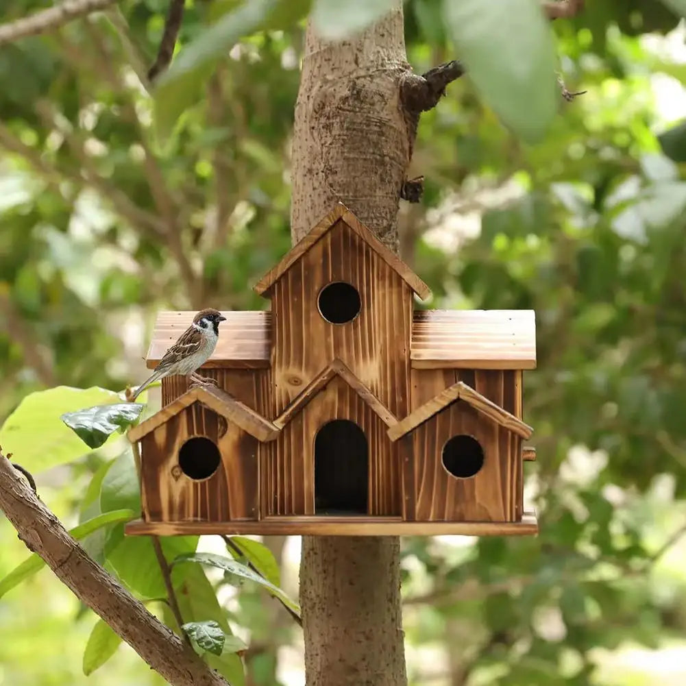 Outdoor 5-Hole Wooden Bird House for Bluebirds & Finches – Hanging Birdhouse for Garden & Backyard