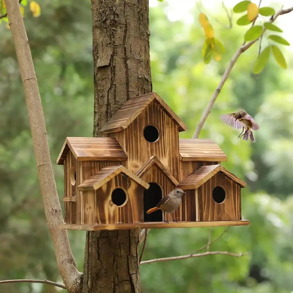 Outdoor 5-Hole Wooden Bird House for Bluebirds & Finches – Hanging Birdhouse for Garden & Backyard