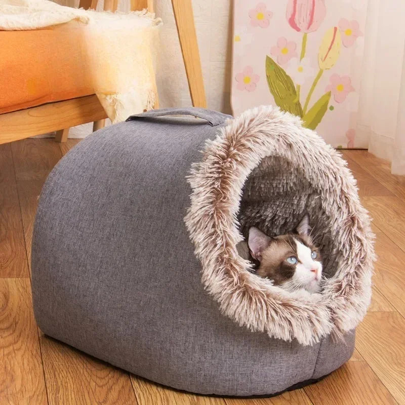 Soft Enclosed Pet House for Cats & Small Dogs – Warm Plush Cave Bed for Indoor Pets