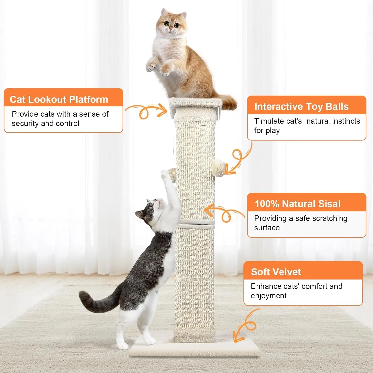 Natural Sisal Cat Scratching Pole 33 Inch – Strong Indoor Cat Scratcher for Large Cats & Furniture Protection