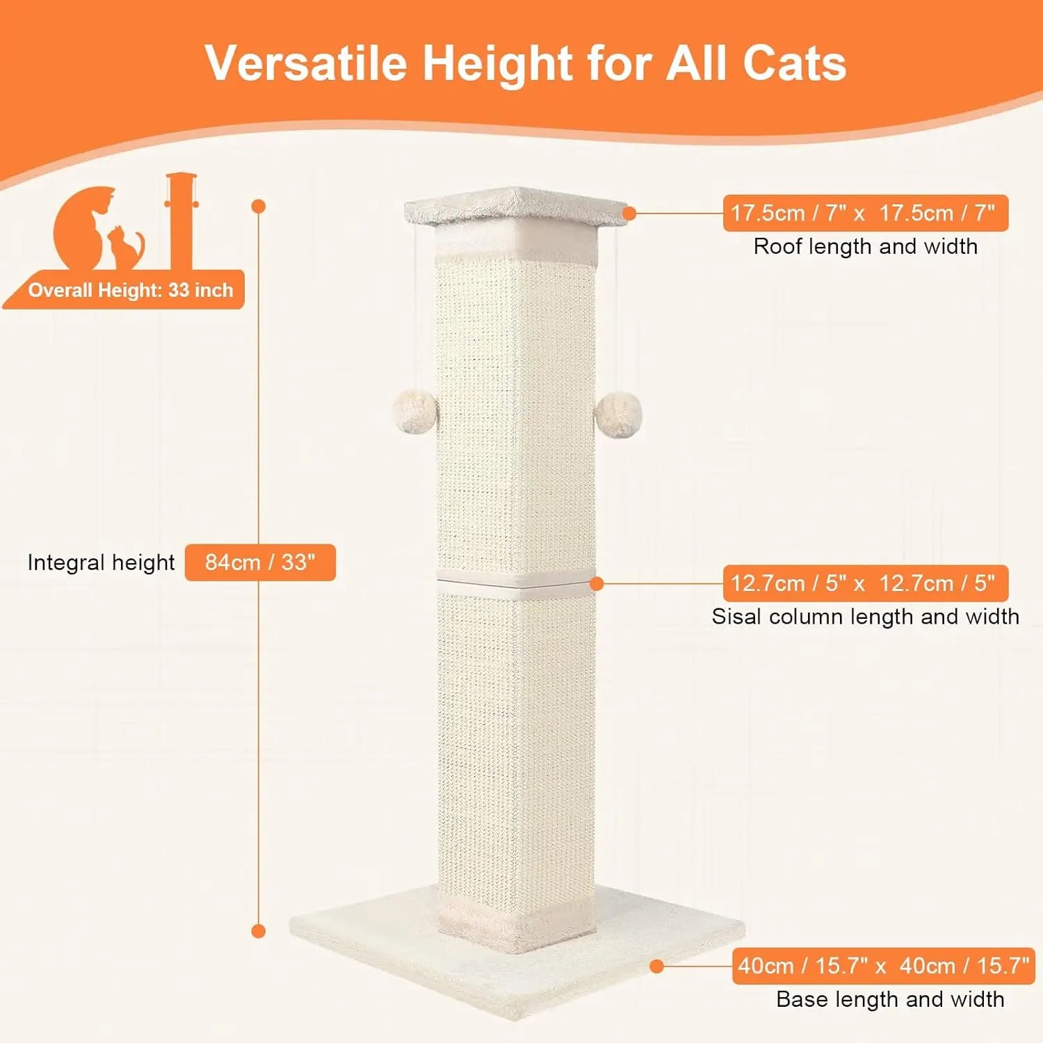 Natural Sisal Cat Scratching Pole 33 Inch – Strong Indoor Cat Scratcher for Large Cats & Furniture Protection