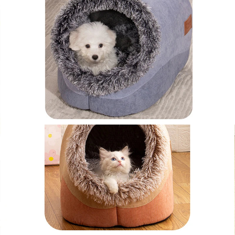 Soft Enclosed Pet House for Cats & Small Dogs – Warm Plush Cave Bed for Indoor Pets