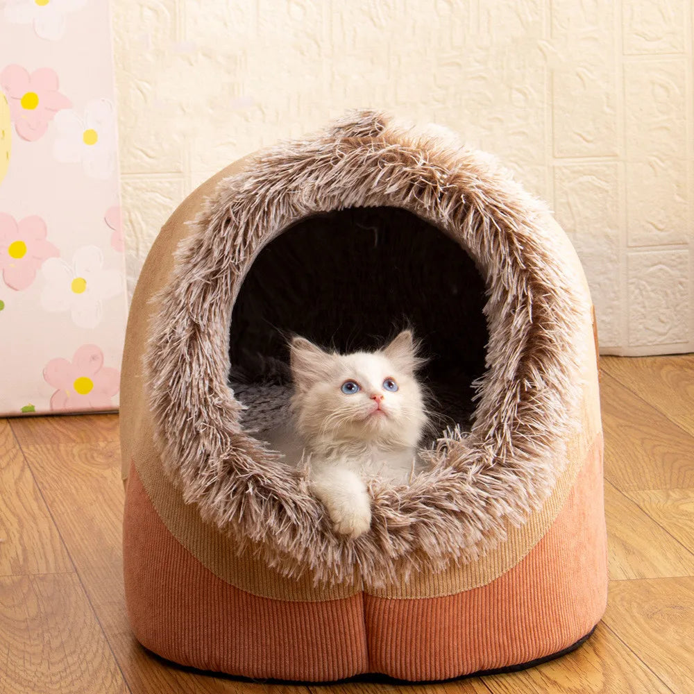 Soft Enclosed Pet House for Cats & Small Dogs – Warm Plush Cave Bed for Indoor Pets