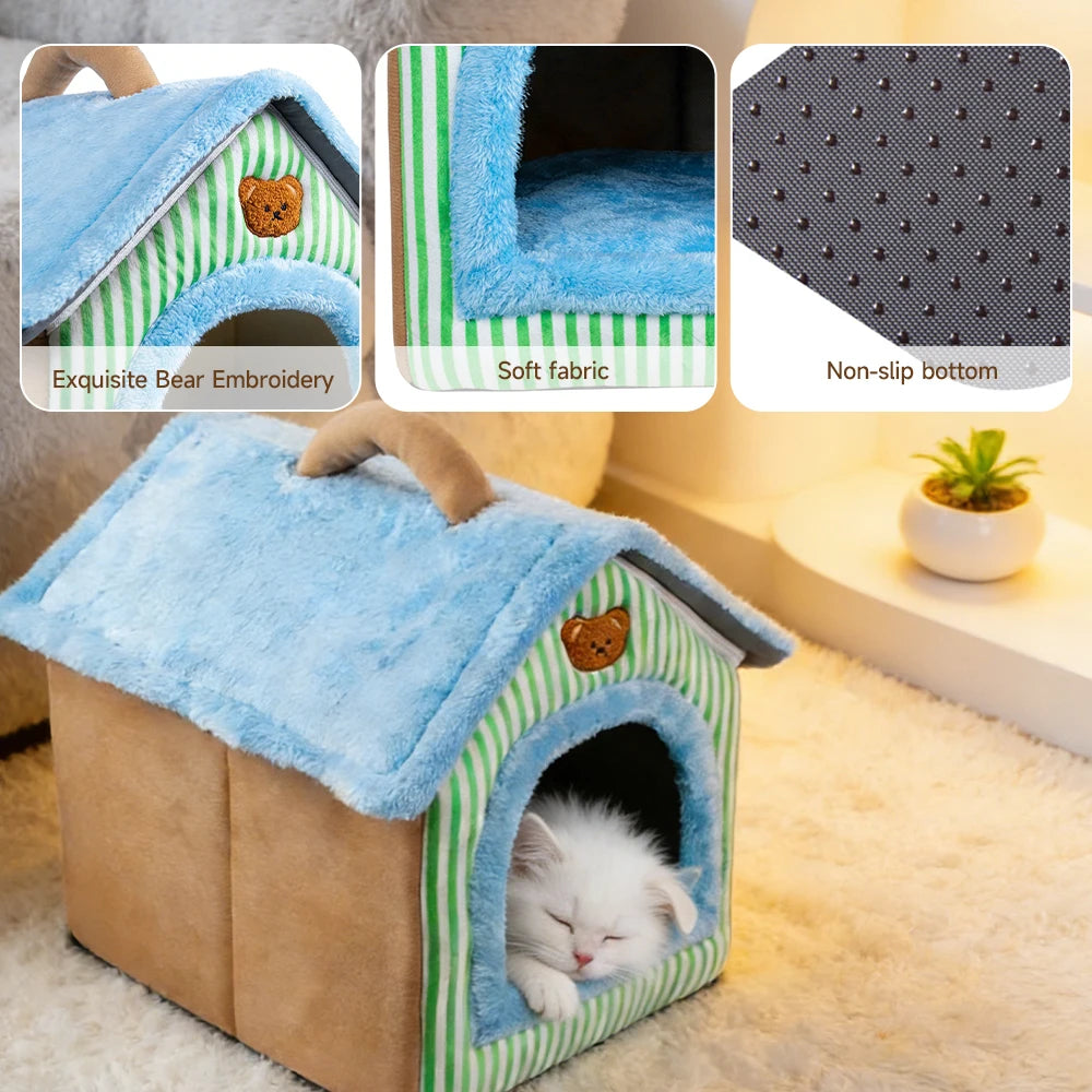 Portable Pet Cave Bed for Cats & Puppies – Cozy Foldable Sofa House with Removable Cushion